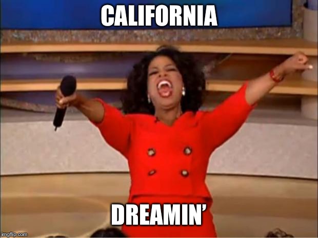 Oprah You Get A Meme | CALIFORNIA DREAMIN’ | image tagged in memes,oprah you get a | made w/ Imgflip meme maker