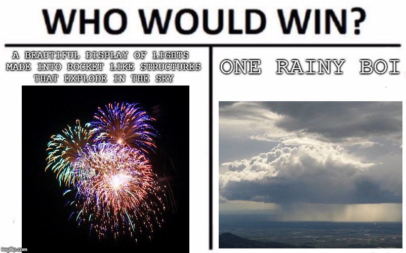 Does anybody hate it when this happens on/around their fourth of july celebration? | ONE RAINY BOI; A BEAUTIFUL DISPLAY OF LIGHTS MADE INTO ROCKET LIKE STRUCTURES THAT EXPLODE IN THE SKY | image tagged in memes,who would win,4th of july,fireworks,its bound to happen,end me | made w/ Imgflip meme maker