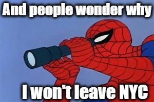 Telescope Spider-Man  | And people wonder why I won't leave NYC | image tagged in telescope spider-man | made w/ Imgflip meme maker