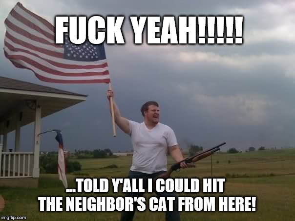 Redneck Shotgun and Flag | FUCK YEAH!!!!! ...TOLD Y'ALL I COULD HIT THE NEIGHBOR'S CAT FROM HERE! | image tagged in redneck shotgun and flag | made w/ Imgflip meme maker