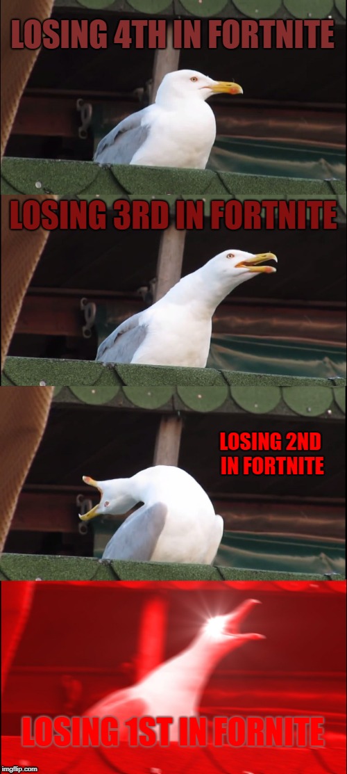 Inhaling Seagull Meme | LOSING 4TH IN FORTNITE; LOSING 3RD IN FORTNITE; LOSING 2ND IN FORTNITE; LOSING 1ST IN FORNITE | image tagged in memes,inhaling seagull | made w/ Imgflip meme maker