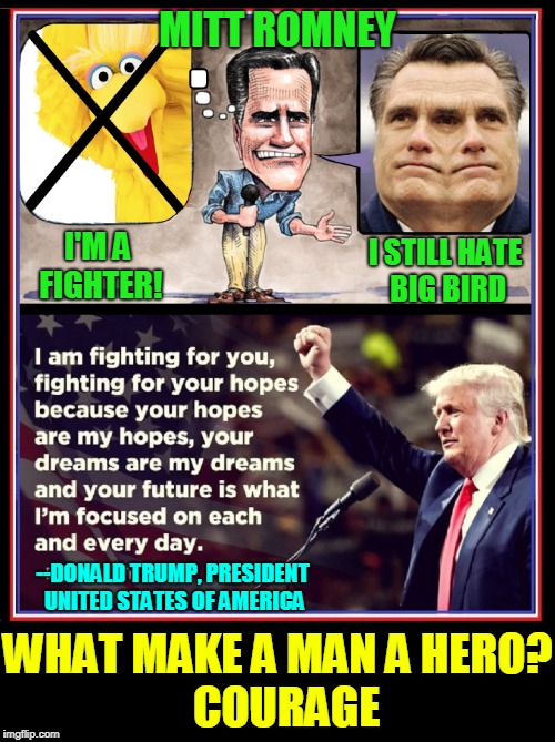 Karma is a Bitch | MITT ROMNEY I'M A FIGHTER! I STILL HATE BIG BIRD --DONALD TRUMP, PRESIDENT UNITED STATES OF AMERICA WHAT MAKE A MAN A HERO?          COURAGE | image tagged in vince vance,donald trump,potus,mitt romney,big bird,two time loser | made w/ Imgflip meme maker