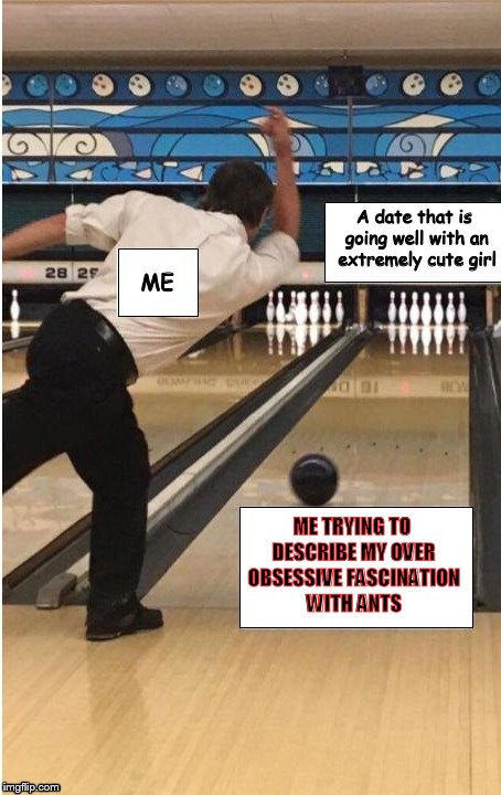 bowling | A date that is going well with an extremely cute girl; ME; ME TRYING TO DESCRIBE MY OVER OBSESSIVE FASCINATION WITH ANTS | image tagged in bowling | made w/ Imgflip meme maker