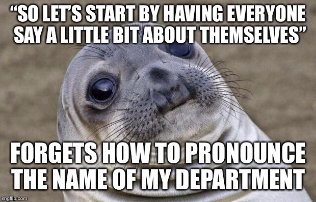 Awkward Moment Sealion Meme | “SO LET’S START BY HAVING EVERYONE SAY A LITTLE BIT ABOUT THEMSELVES”; FORGETS HOW TO PRONOUNCE THE NAME OF MY DEPARTMENT | image tagged in memes,awkward moment sealion | made w/ Imgflip meme maker