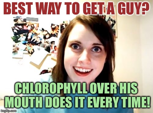 Overly Attached Girlfriend | BEST WAY TO GET A GUY? CHLOROPHYLL OVER HIS MOUTH DOES IT EVERY TIME! | image tagged in memes,overly attached girlfriend | made w/ Imgflip meme maker