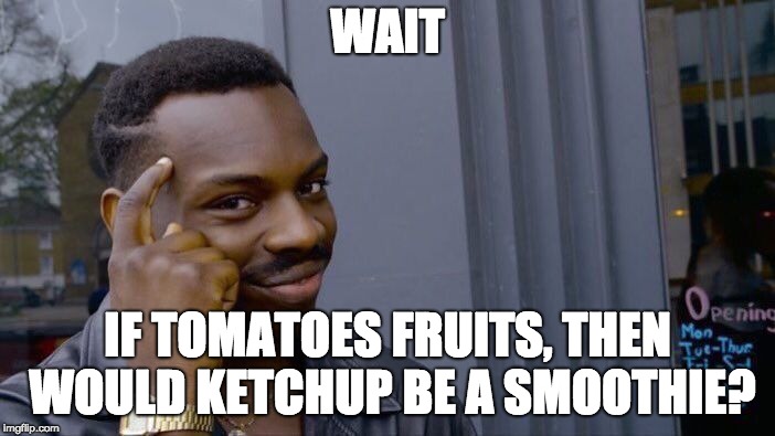 Roll Safe Think About It Meme | WAIT; IF TOMATOES FRUITS, THEN WOULD KETCHUP BE A SMOOTHIE? | image tagged in memes,roll safe think about it | made w/ Imgflip meme maker