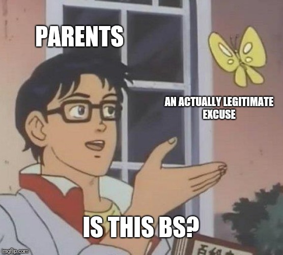 Is This A Pigeon Meme | PARENTS; AN ACTUALLY LEGITIMATE EXCUSE; IS THIS BS? | image tagged in memes,is this a pigeon | made w/ Imgflip meme maker