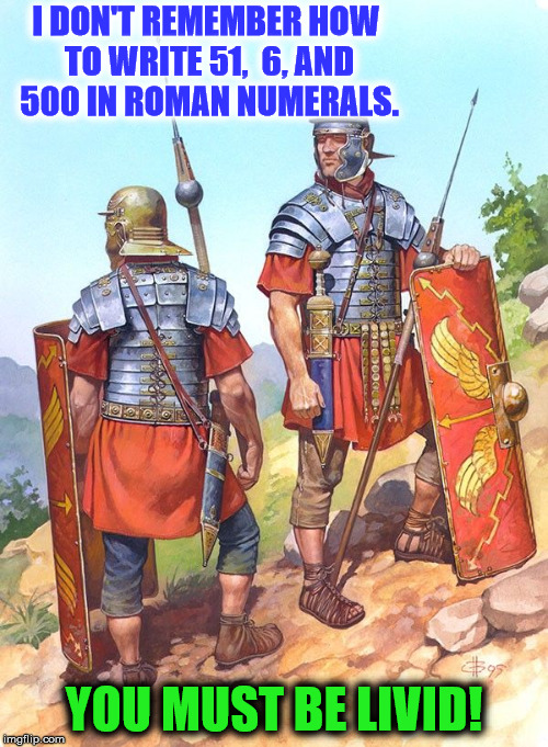 only kids that grew up in ancient Rome will understand the pain | I DON'T REMEMBER HOW TO WRITE 51,  6, AND 500 IN ROMAN NUMERALS. YOU MUST BE LIVID! | image tagged in roman numerals,bad pun romans | made w/ Imgflip meme maker