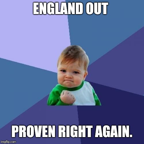 Success Kid Meme | ENGLAND OUT; PROVEN RIGHT AGAIN. | image tagged in memes,success kid | made w/ Imgflip meme maker