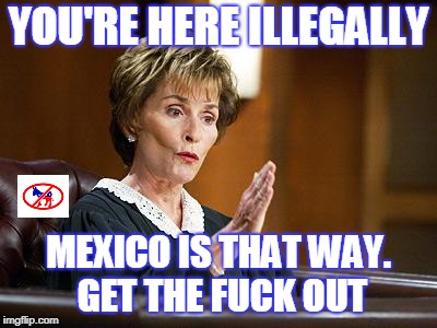 Judge Judy  | YOU'RE HERE ILLEGALLY; MEXICO IS THAT WAY. GET THE FUCK OUT | image tagged in judge judy | made w/ Imgflip meme maker