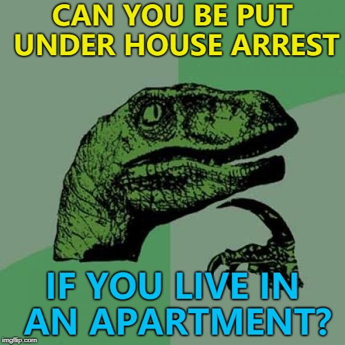 I spy a legal loophole... :) | CAN YOU BE PUT UNDER HOUSE ARREST; IF YOU LIVE IN AN APARTMENT? | image tagged in memes,philosoraptor,house arrest | made w/ Imgflip meme maker
