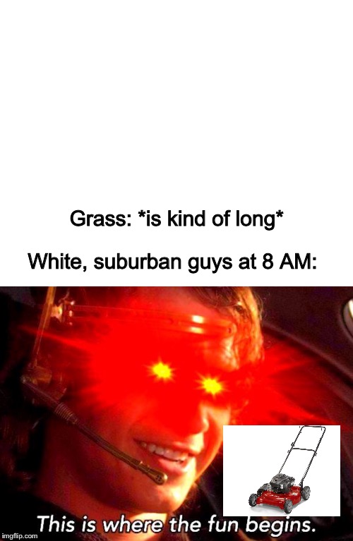 Lawn fanatics | Grass: *is kind of long*; White, suburban guys at 8 AM: | image tagged in lawn,lawnmower,morning,suburbs,glowing eyes,grass | made w/ Imgflip meme maker
