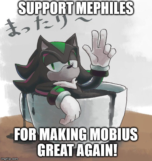 Mephiles Swimming In A Mug | SUPPORT MEPHILES FOR MAKING MOBIUS GREAT AGAIN! | image tagged in mephiles swimming in a mug | made w/ Imgflip meme maker