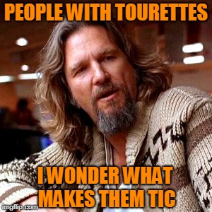 Tourettes | PEOPLE WITH TOURETTES; I WONDER WHAT MAKES THEM TIC | image tagged in memes,confused lebowski,tourettes guy | made w/ Imgflip meme maker