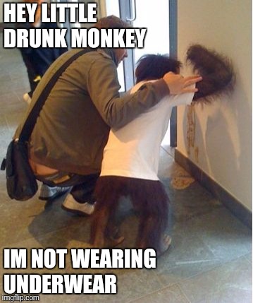 Monkey business | HEY LITTLE DRUNK MONKEY; IM NOT WEARING UNDERWEAR | image tagged in monkey business,monkey,drunken ass monkey,creepy dude | made w/ Imgflip meme maker