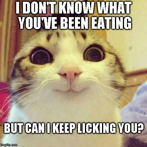 Smiling Cat Meme | I DON'T KNOW WHAT YOU'VE BEEN EATING; BUT CAN I KEEP LICKING YOU? | image tagged in memes,smiling cat,acid,acid cat | made w/ Imgflip meme maker