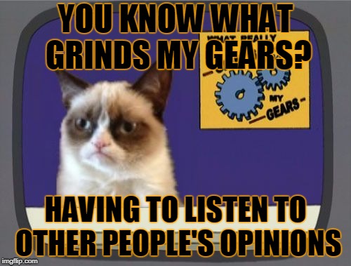 Let's face it. The cat is right. | YOU KNOW WHAT GRINDS MY GEARS? HAVING TO LISTEN TO OTHER PEOPLE'S OPINIONS | image tagged in grumpy cat grinds my gears,memes,grumpy cat,grinds my gears,antisocial,opinion | made w/ Imgflip meme maker