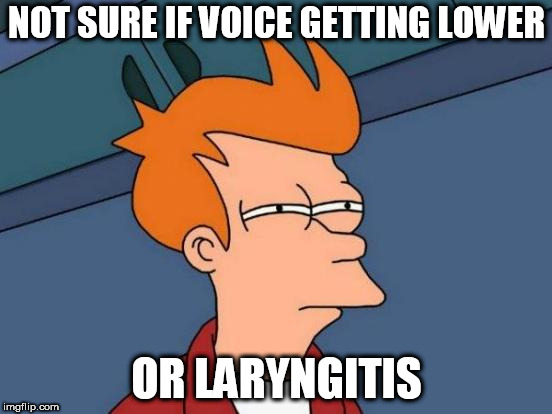 Futurama Fry Meme | NOT SURE IF VOICE GETTING LOWER; OR LARYNGITIS | image tagged in memes,futurama fry | made w/ Imgflip meme maker