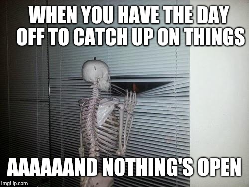 Fourth of July skeleton | WHEN YOU HAVE THE DAY OFF TO CATCH UP ON THINGS; AAAAAAND NOTHING'S OPEN | image tagged in skeleton looking out window | made w/ Imgflip meme maker