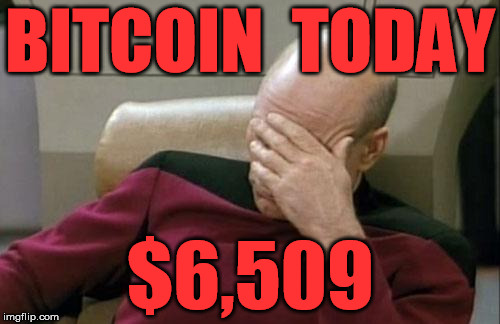 Captain Picard Facepalm Meme | BITCOIN  TODAY; $6,509 | image tagged in memes,captain picard facepalm | made w/ Imgflip meme maker