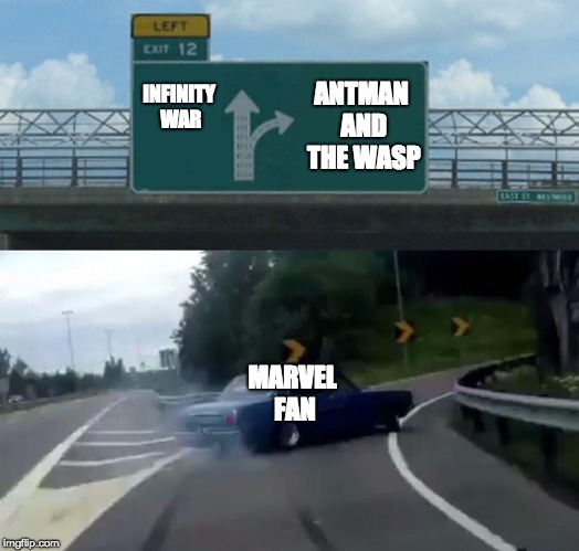 Marvel fan be like | INFINITY WAR; ANTMAN AND THE WASP; MARVEL FAN | image tagged in memes,left exit 12 off ramp,avengers infinity war,antman,marvel cinematic universe | made w/ Imgflip meme maker