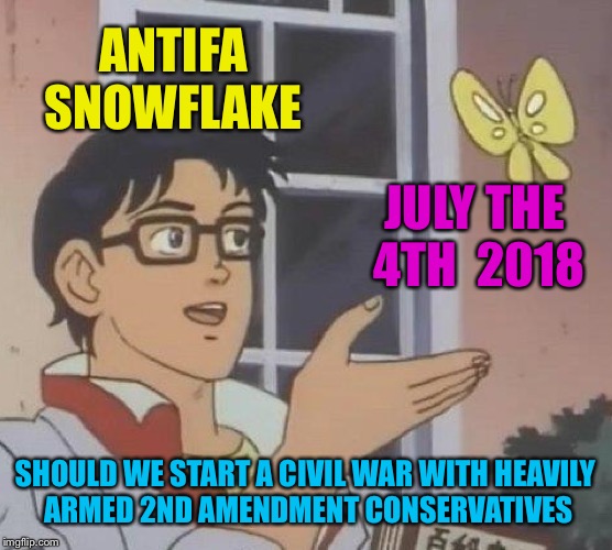 Is This A Pigeon | ANTIFA SNOWFLAKE; JULY THE 4TH  2018; SHOULD WE START A CIVIL WAR WITH HEAVILY ARMED 2ND AMENDMENT CONSERVATIVES | image tagged in memes,is this a pigeon | made w/ Imgflip meme maker