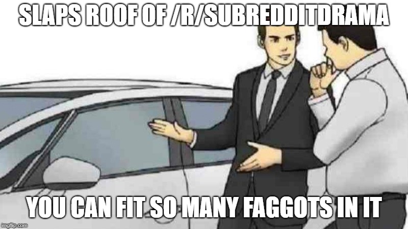 Car Salesman Slaps Roof Of Car Meme | SLAPS ROOF OF /R/SUBREDDITDRAMA; YOU CAN FIT SO MANY FAGGOTS IN IT | image tagged in slaps roof of car | made w/ Imgflip meme maker