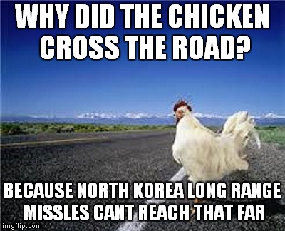why did the chicken cross the road? | WHY DID THE CHICKEN CROSS THE ROAD? BECAUSE NORTH KOREA LONG RANGE MISSLES CANT REACH THAT FAR | image tagged in why did the chicken cross the road | made w/ Imgflip meme maker