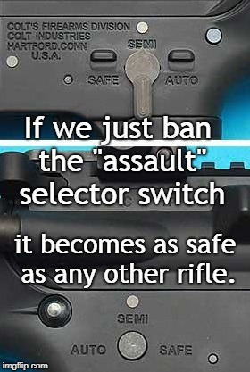 Assault Selector Ban | If we just ban the "assault" selector switch; it becomes as safe as any other rifle. | image tagged in gun control,rendering guns safe,assault rifle,back alley gunsmith,irony | made w/ Imgflip meme maker