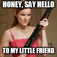 wife with a shotgun | HONEY, SAY HELLO TO MY LITTLE FRIEND | image tagged in wife with a shotgun | made w/ Imgflip meme maker