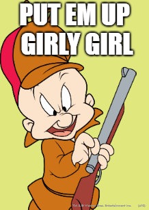 elmer fudd | PUT EM UP GIRLY GIRL | image tagged in elmer fudd | made w/ Imgflip meme maker