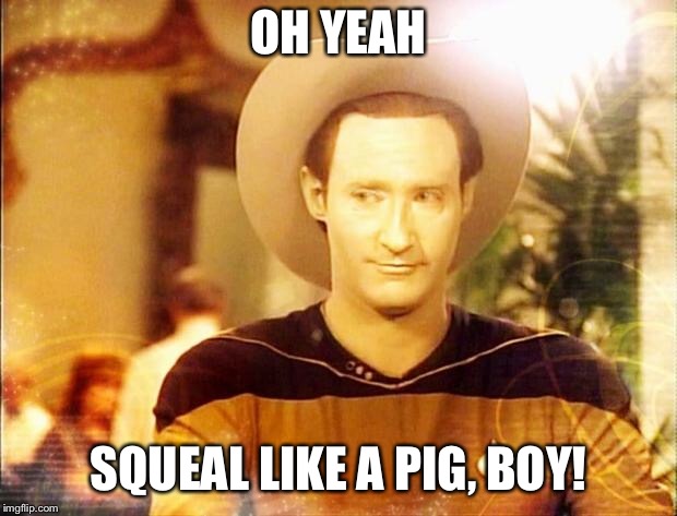 Star Trek Data in cowboy hat | OH YEAH; SQUEAL LIKE A PIG, BOY! | image tagged in star trek data in cowboy hat | made w/ Imgflip meme maker