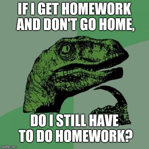 My logic | IF I GET HOMEWORK AND DON'T GO HOME, DO I STILL HAVE TO DO HOMEWORK? | image tagged in memes,philosoraptor | made w/ Imgflip meme maker