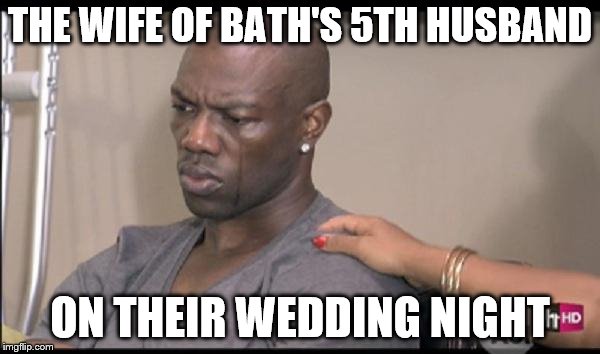 Terrell Owens sad and crying | THE WIFE OF BATH'S 5TH HUSBAND; ON THEIR WEDDING NIGHT | image tagged in terrell owens sad and crying | made w/ Imgflip meme maker