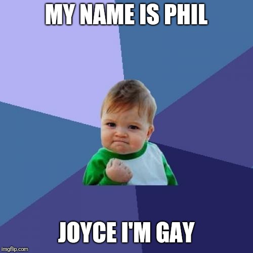 Success Kid Meme | MY NAME IS PHIL; JOYCE I'M GAY | image tagged in memes,success kid | made w/ Imgflip meme maker