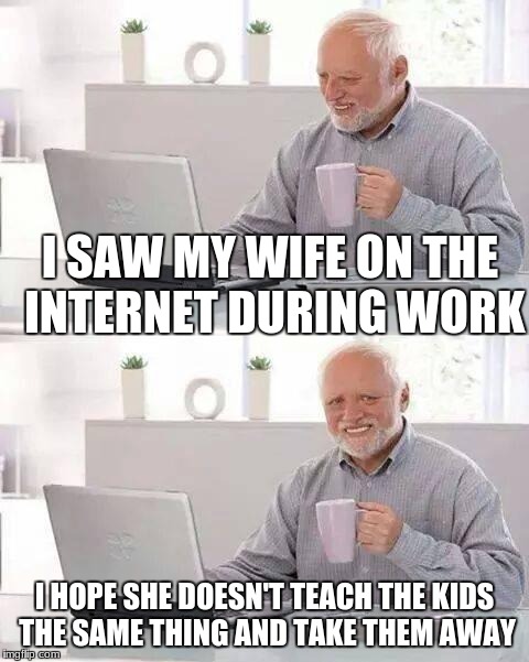 Hide the Pain Harold | I SAW MY WIFE ON THE INTERNET DURING WORK; I HOPE SHE DOESN'T TEACH THE KIDS THE SAME THING AND TAKE THEM AWAY | image tagged in memes,hide the pain harold | made w/ Imgflip meme maker