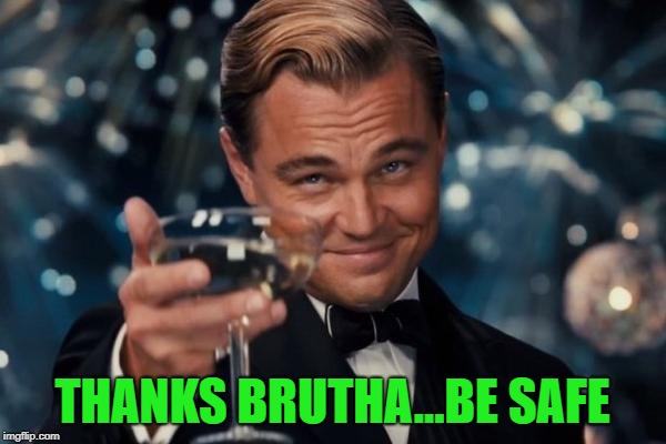 Leonardo Dicaprio Cheers Meme | THANKS BRUTHA...BE SAFE | image tagged in memes,leonardo dicaprio cheers | made w/ Imgflip meme maker