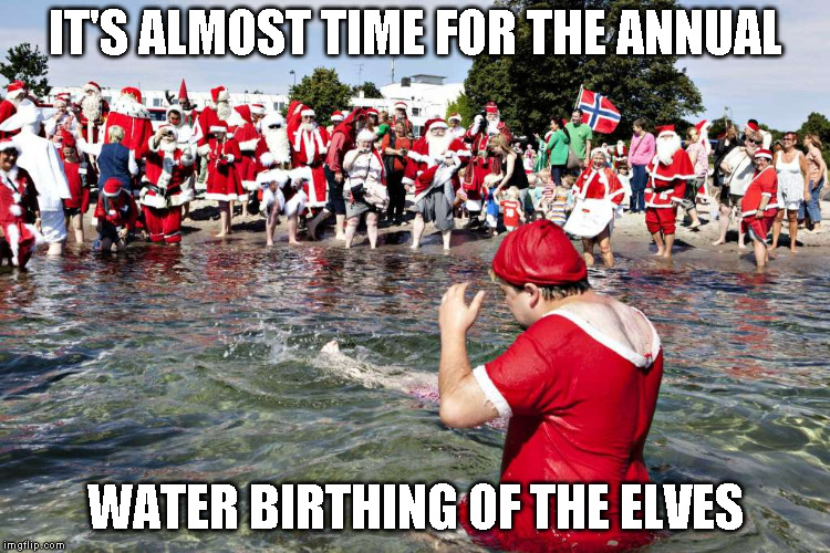 It's almost time for the annual water birthing of the elves | IT'S ALMOST TIME FOR THE ANNUAL; WATER BIRTHING OF THE ELVES | image tagged in santa,krampus,elves | made w/ Imgflip meme maker