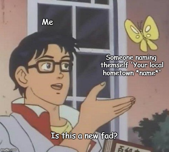 The new Discord name fad | Me; Someone naming themself 'Your local hometown *name*'; Is this a new fad? | image tagged in memes,is this a pigeon | made w/ Imgflip meme maker