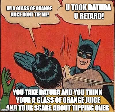 Batman Slapping Robin | IM A GLASS OF ORANGE JUICE DONT TIP ME! U TOOK DATURA U RETARD! YOU TAKE DATURA AND YOU THINK YOUR A GLASS OF ORANGE JUICE AND YOUR SCARE ABOUT TIPPING OVER | image tagged in memes,batman slapping robin | made w/ Imgflip meme maker