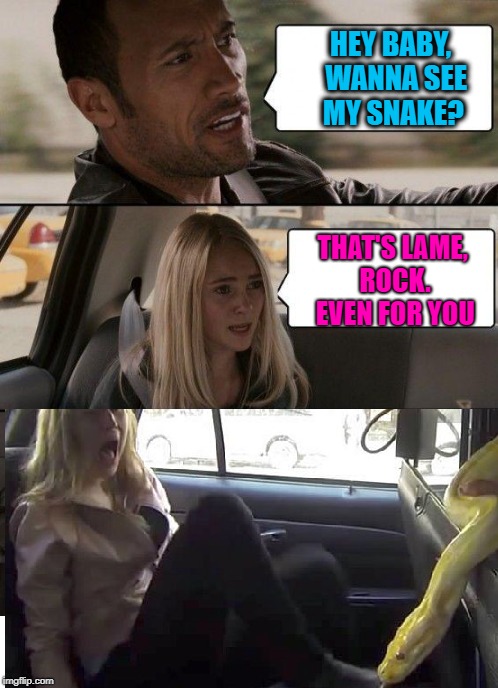 The Rock Driving | HEY BABY,  WANNA SEE MY SNAKE? THAT'S LAME, ROCK. EVEN FOR YOU | image tagged in surprise,humor | made w/ Imgflip meme maker