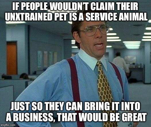 That Would Be Great Meme | IF PEOPLE WOULDN’T CLAIM THEIR UNTRAINED PET IS A SERVICE ANIMAL JUST SO THEY CAN BRING IT INTO A BUSINESS, THAT WOULD BE GREAT | image tagged in memes,that would be great | made w/ Imgflip meme maker