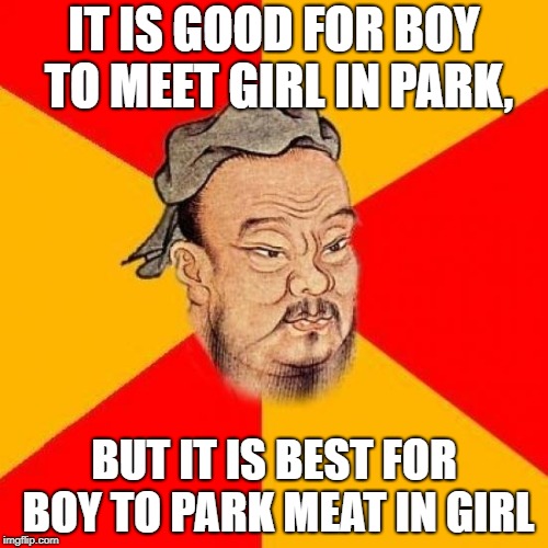 Confucius Says | IT IS GOOD FOR BOY TO MEET GIRL IN PARK, BUT IT IS BEST FOR BOY TO PARK MEAT IN GIRL | image tagged in confucius says | made w/ Imgflip meme maker