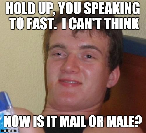 10 Guy Meme | HOLD UP, YOU SPEAKING TO FAST.  I CAN'T THINK; NOW IS IT MAIL OR MALE? | image tagged in memes,10 guy | made w/ Imgflip meme maker