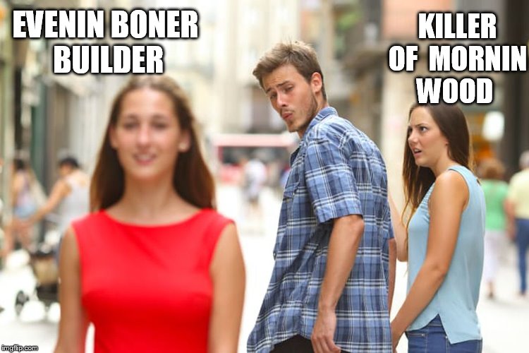 why would I check out the other one? | KILLER OF  MORNIN WOOD; EVENIN BONER BUILDER | image tagged in memes,distracted boyfriend | made w/ Imgflip meme maker