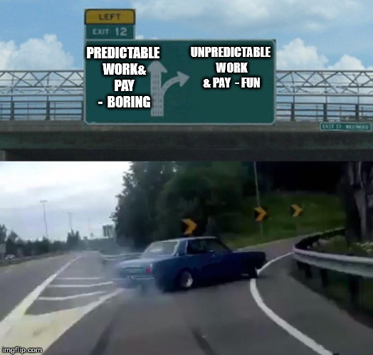 Left Exit 12 Off Ramp Meme | UNPREDICTABLE WORK & PAY
 - FUN; PREDICTABLE WORK& PAY - 
BORING | image tagged in memes,left exit 12 off ramp | made w/ Imgflip meme maker
