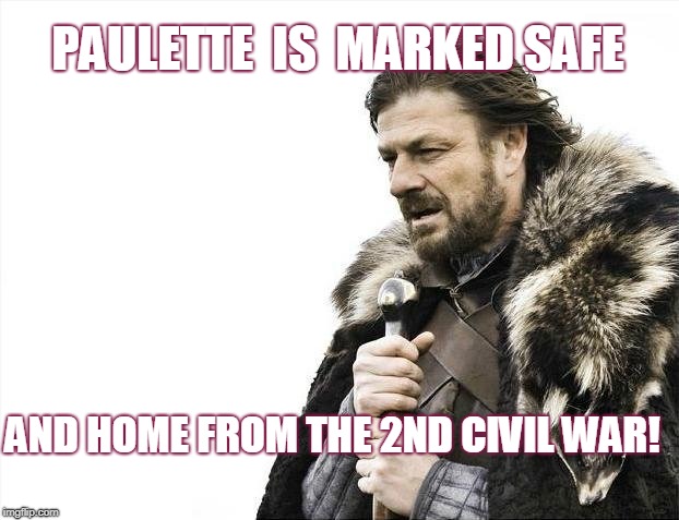 Brace Yourselves X is Coming | PAULETTE  IS  MARKED SAFE; AND HOME FROM THE 2ND CIVIL
WAR! | image tagged in memes,brace yourselves x is coming | made w/ Imgflip meme maker
