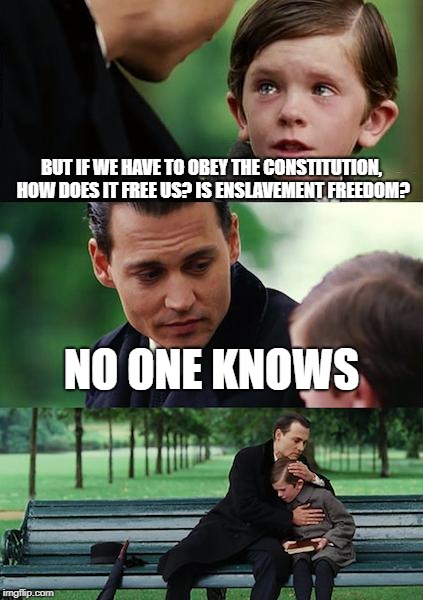 Finding Neverland Meme | BUT IF WE HAVE TO OBEY THE CONSTITUTION, HOW DOES IT FREE US? IS ENSLAVEMENT FREEDOM? NO ONE KNOWS | image tagged in memes,finding neverland | made w/ Imgflip meme maker
