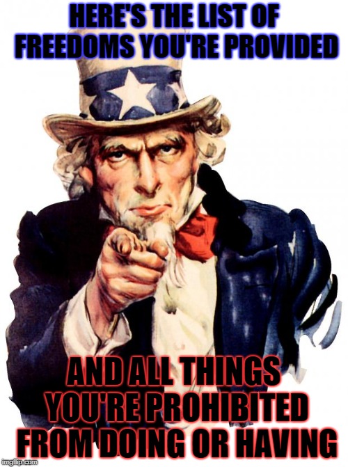 Uncle Sam Meme | HERE'S THE LIST OF FREEDOMS YOU'RE PROVIDED; AND ALL THINGS YOU'RE PROHIBITED FROM DOING OR HAVING | image tagged in memes,uncle sam | made w/ Imgflip meme maker