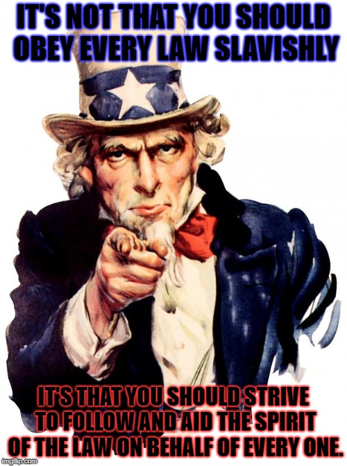 Uncle Sam | IT'S NOT THAT YOU SHOULD OBEY EVERY LAW SLAVISHLY; IT'S THAT YOU SHOULD STRIVE TO FOLLOW AND AID THE SPIRIT OF THE LAW ON BEHALF OF EVERY ONE. | image tagged in memes,uncle sam | made w/ Imgflip meme maker